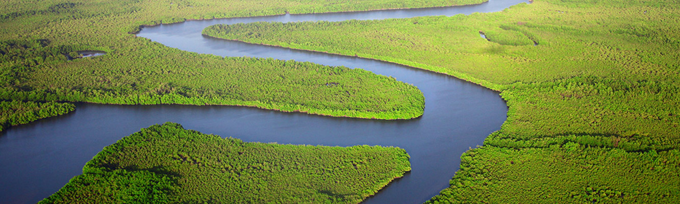 Foto pelo fotógrafo Dan Roizer mostrando uma vista aérea de rios na floresta amazônica, onde serão usadas as geotecnologias.